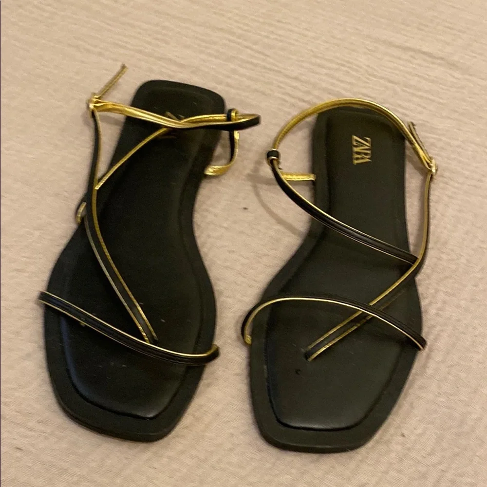 Zara Black and Gold Minimalist Sandals. Size 37 - Picture 3 of 5
